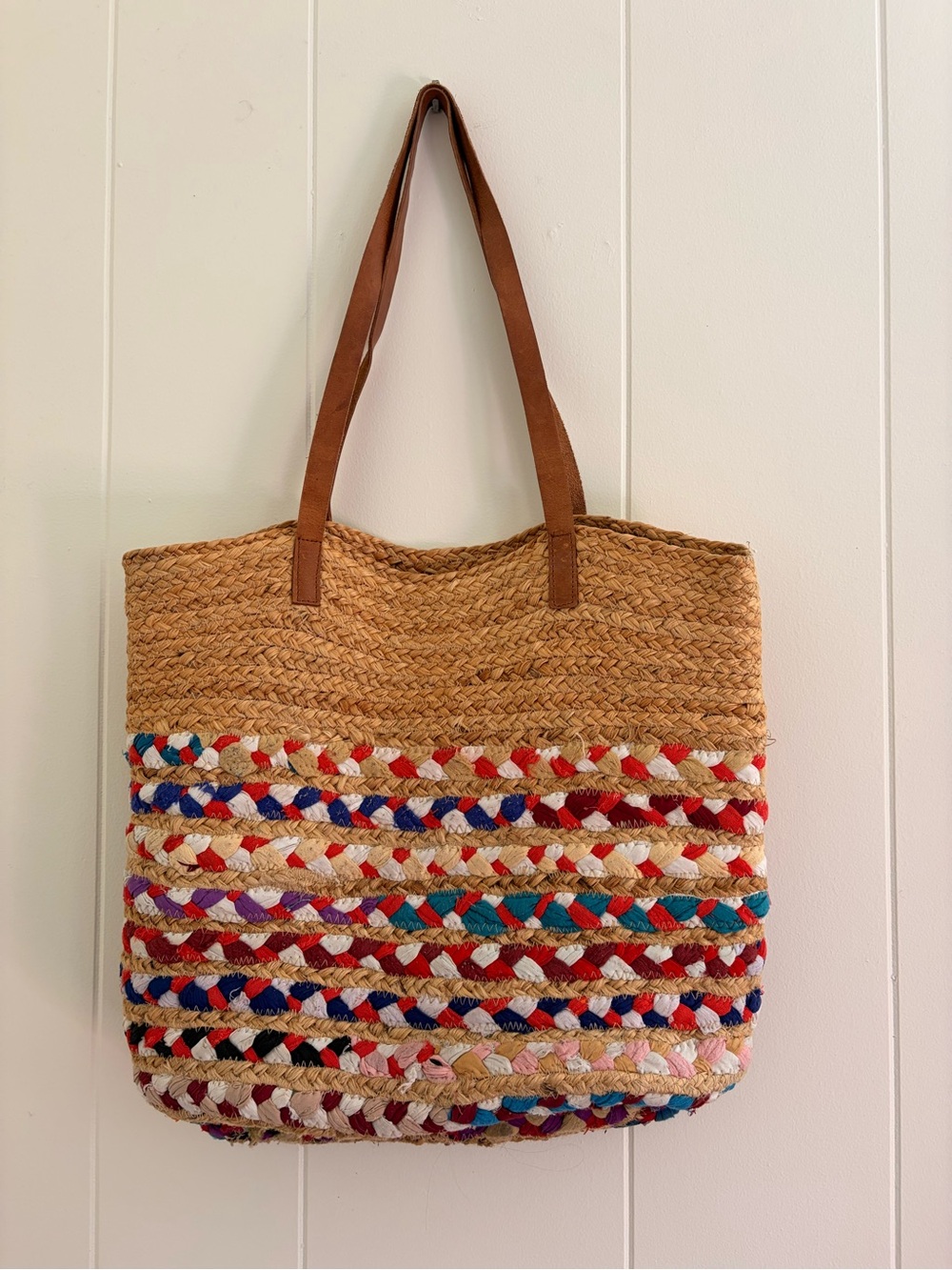 Woven Straw Tote Bag with Colorful Braided Stripes - Brown